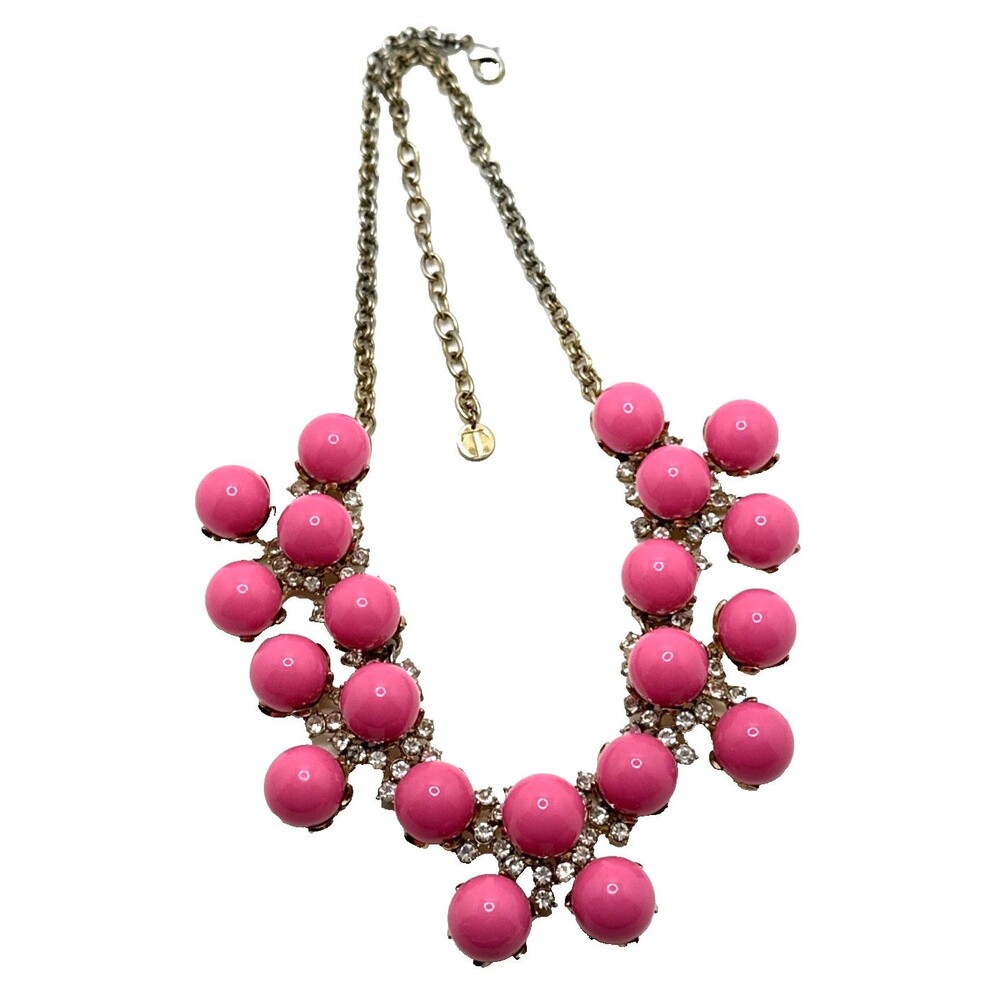 Talbots Pink Bib Necklace Clear Rhinestone Accents Gold Tone Statement 20"